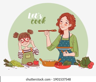 Madre con su pequeña hija preparando comida en casa en la cocina. Feliz fiesta familiar. Joven cocinando en la cocina y linda chica jugando con verduras. Ilustración alimenticia saludable