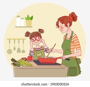 Madre con su pequeña hija preparando comida en casa en la cocina. Feliz fiesta familiar. Joven cocinando en la cocina y linda chica jugando con verduras. Ilustración alimenticia saludable