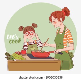 Mother with her little daughter preparing food indoors in kitchen. Happy family having fun. Young woman cooking in the kitchen and cute girl playing with vegetables. Healthy food illustration