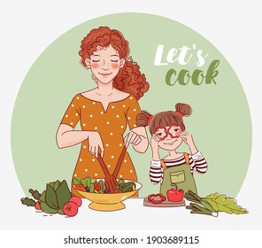 Mother with her little daughter preparing food indoors in kitchen. Happy family having fun. Young woman cooking in the kitchen and cute girl playing with vegetables. Healthy food illustration