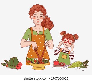 Madre con su pequeña hija preparando comida en casa en la cocina. Feliz fiesta familiar. Joven cocinando en la cocina y linda chica jugando con verduras. Ilustración alimenticia saludable