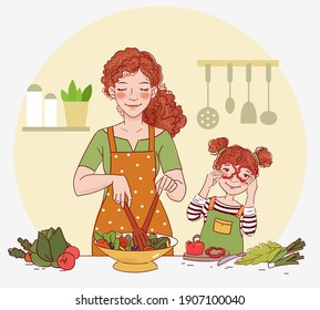 Mother with her little daughter preparing food indoors in kitchen. Happy family having fun. Young woman cooking in the kitchen and cute girl playing with vegetables. Healthy food illustration