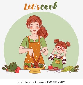 Mother with her little daughter preparing food in indoor kitchen. Happy family having fun. Young woman cooking in the kitchen and cute girl playing with vegetables. Healthy food illustration