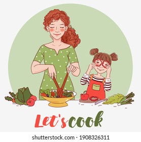 Mother with her little daughter preparing food indoors in kitchen. Happy family having fun. Young woman cooking in the kitchen and cute girl playing with vegetables. Healthy food illustration