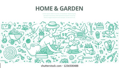 Mother and her little son planting flowers and herds in the garden near the home. Doodle concept of gardening for web banner, hero images and printing materials