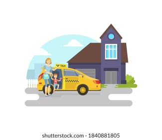 Madre con su pequeño hijo usando auto Taxi, Ilustración vectorial del servicio de transporte público de la ciudad móvil