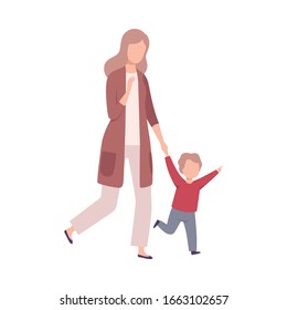 Mother and Her Little Son Walking Holding Hands, Mom and her Kid Having Good Time Together Flat Vector Illustration - Shutterstock ID 1663102657