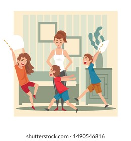 Mother and Her Mischievous Children, Kids Having Fun at Home, Naughty, Rowdy Children, Bad Child Behavior Vector Illustration