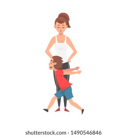 Mother and Her Mischievous Son, Naughty, Rowdy Boy, Bad Child Behavior Vector Illustration