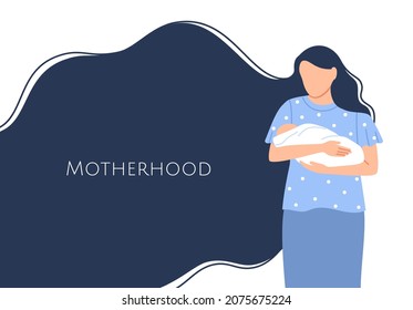 Mother with her newborn baby background design with blank text space. Adorable happy flat family mom with long hair and child together. Banner, invitation greeting card decoration vector illustration.
