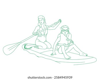 mother and her small boy stand up paddling in summer day at sea