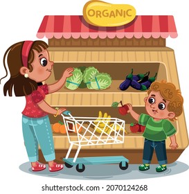 Mother and her son buying organic vegetables and fruits.