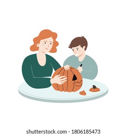 Mother and her son carving pumpkins for Halloween. Vector flat cartoon illustration