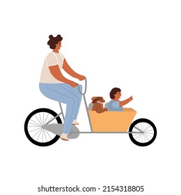 Mother with her son and dog riding a cargo cycle or bakfiets. Woman on the bike, her child and pet in the cart. Transport for family outdoor pastime, riding. Vector character isolated illustration.