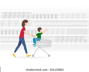 Mother and her son doing grocery shopping together. Vector illustration with a supermarket interior and shelves with food. Everyday activity concept. Grey background.