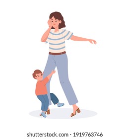 Mother with her son, flat vector illustration isolated on white background. Tired and sad mom with her little son demanding attention. Difficulties of children education, motherhood, parenting concept.