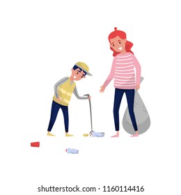 Mother and her son gathering garbage and plastic waste for recycling, environmental protection and education of children concept vector Illustration on a white background