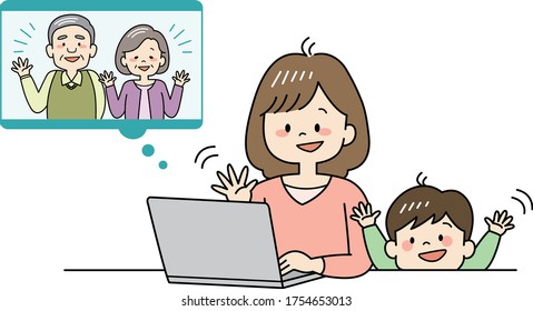 Mother and her son make a video call