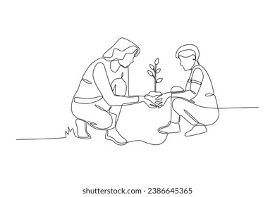 A mother and her son plant a tree. World enviromental education day one-line drawing