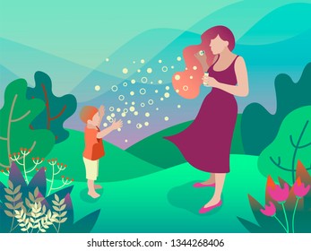 Mother and her son playing with bubble blower in the garden. Flat design. Vector illustration.