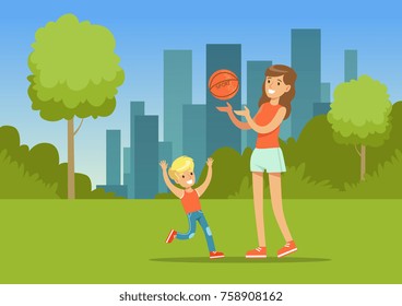 Mother and her son playing together with a ball in city park outside, family leisure vector illustration