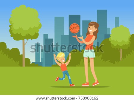 Mother and her son playing together with a ball in city park outside, family leisure vector illustration