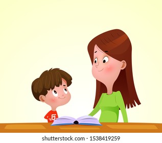 Mother with her son read book together. Cartoon vector illustration