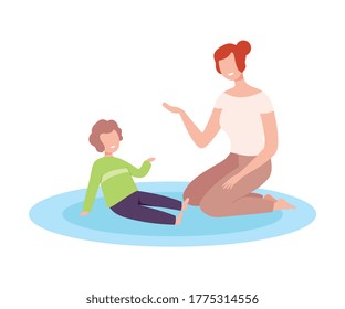 Mother and her Son Sitting on the Floor and Talking, Parent and Kid Spending Time Together at Home Flat Style Vector Illustration