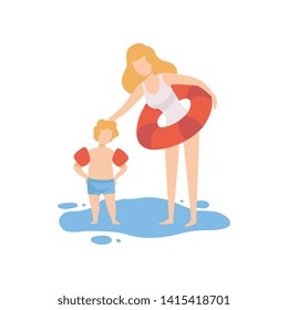 Mother and Her Son Standing in Water, Boy Wearing Inflatable Armbands, Young Woman with Rubber Circle, Happy Mom and Son Enjoying Summer Vacation on Seashore Vector Illustration