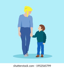 Mother and her son walk together