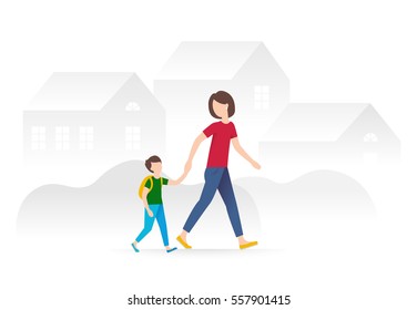 Mother and her son are walking down the street together. Vector illustration with a landscape a small town with silhouettes of houses. Joint leisure concept. Grey background.