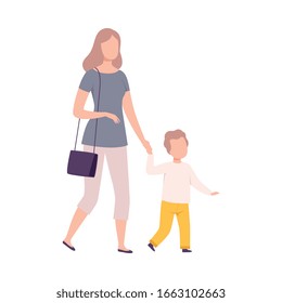 Mother and Her Son Walking Holding Hands, Mom and her Kid Having Good Time Together Flat Vector Illustration