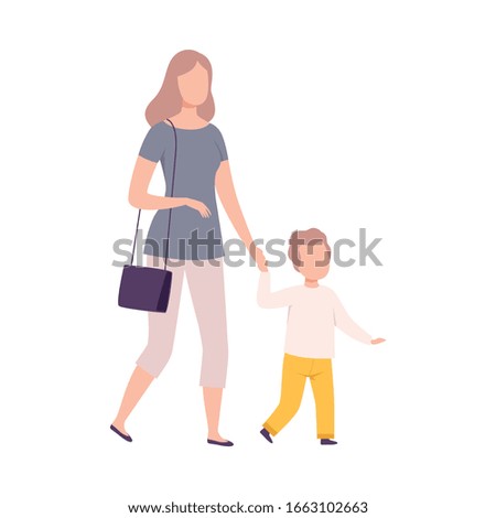 Mother and Her Son Walking Holding Hands, Mom and her Kid Having Good Time Together Flat Vector Illustration