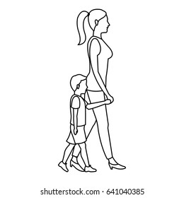 mother and her son walking together outline