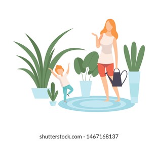 Mother and Her Son Watering Houseplants, Family in Everyday Life at Home Vector Illustration