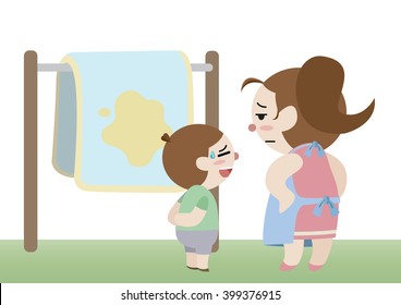 mother and her son with wetted bed cartoon vector