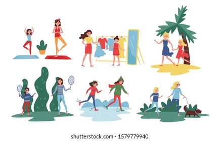 Mother and Her Teenage Daughter Spending Good Time Together Set, Mom and Girl Skating, Playing Badminton, Walking with Dog, Having Vacations Vector Illustration