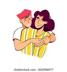Mother and her teenager daughter hugging and smiling face to face. Vector cartoon illustration isolated on white background.