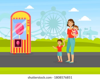 Mother with Her Two Kids Walking in Amusement Park, Cotton Candy Vending Machine Vector Illustration