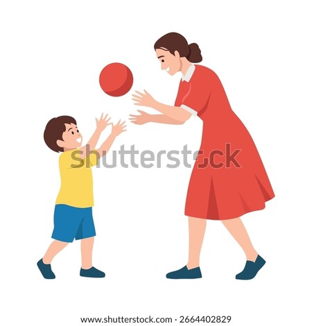 Mother and her young child joyfully play catch with a red ball, sharing a happy moment together. Flat vector illustration isolated on white background