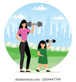 A mother and her young daughter enjoy outdoor exercise with dumbbells in a green park under a bright blue sky, promoting family fitness, healthy lifestyles, and bonding over physical activity. 