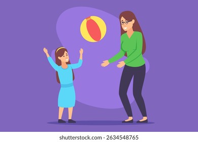 Mother and her young daughter playing catch with colorful beach ball in cheerful indoor setting. Excited child spending time with mom