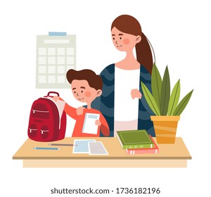 Mother and her young son packing a backpack with his school requirements at home, colored vector illustration