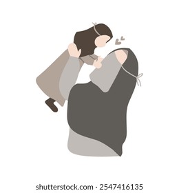 Mother with hijab hug her daughter. Muslim family portrait vector flat illustration