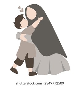 Mother with hijab hug her son vector flat illustration