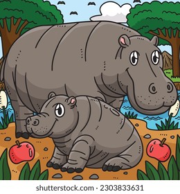 Mother Hippo and Baby Hippo Colored Cartoon 