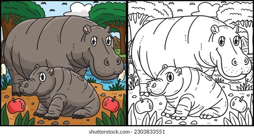 Mother Hippo and Baby Hippo Coloring Illustration