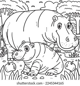 Mother Hippo and Baby Hippo Coloring Page for Kids