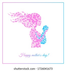 Mother hold the baby in her arms, shapes filled with pink and blue hearts, vector graphics, mother`s day concept