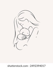 Mother hold and kiss child label drawing on light background